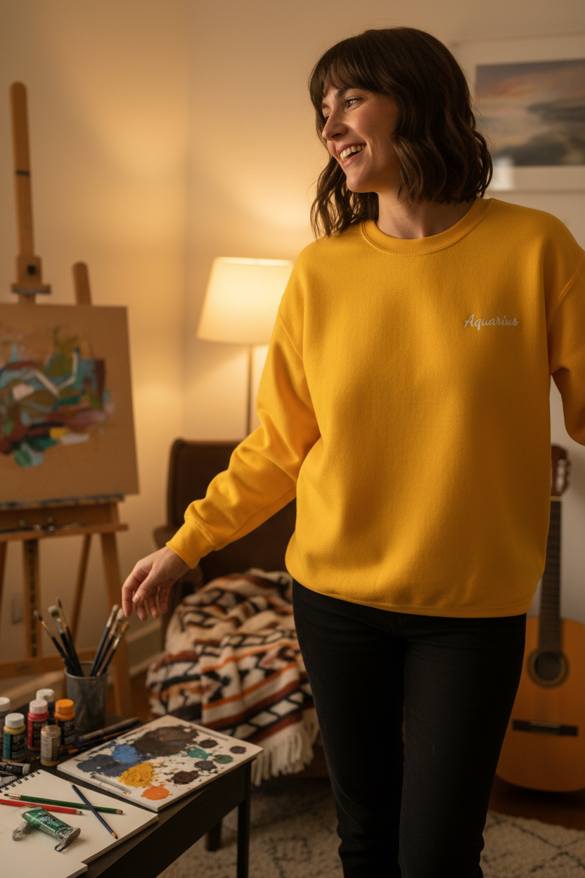 Aquarius Crewneck Sweatshirt — White Embroidery without Heart